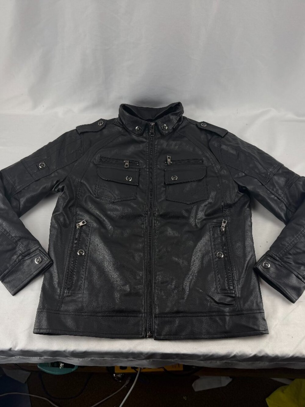 Black Faux Leather Moto Biker Jacket Faux Fur Shearling Lined Coat Size S